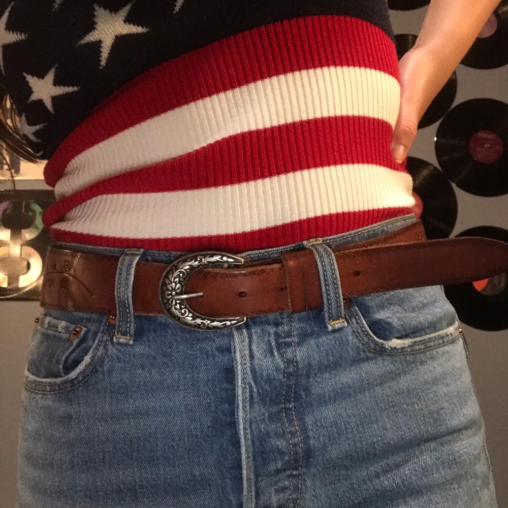 Brown leather floral flower western belt